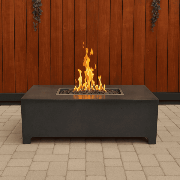 Outdoor gas fire pit table in rectangular shape with modern concrete design