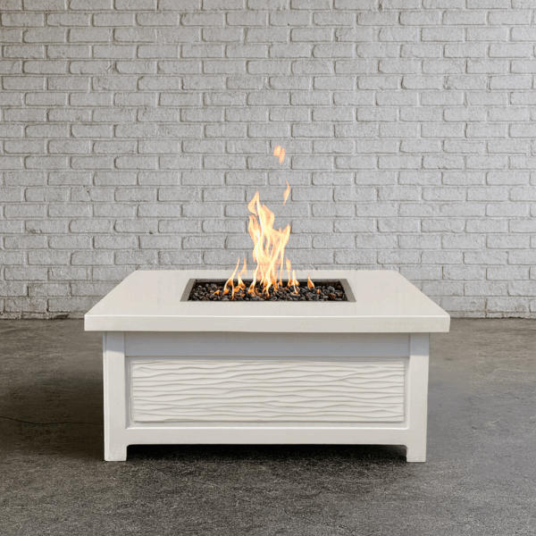 Coastal Flow GFRC square fire table designed for natural gas or propane use