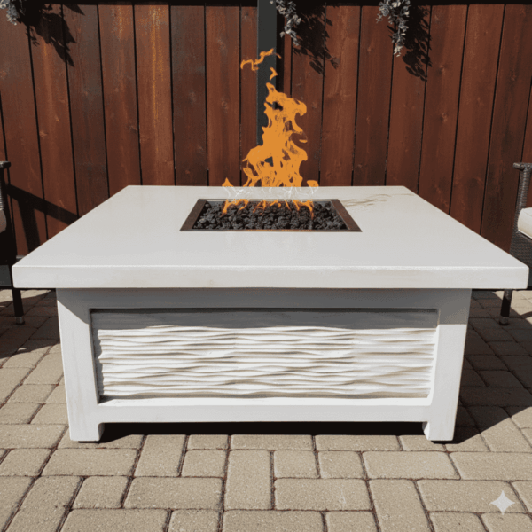 Square propane fire table in handcrafted GFRC with smooth custom finish