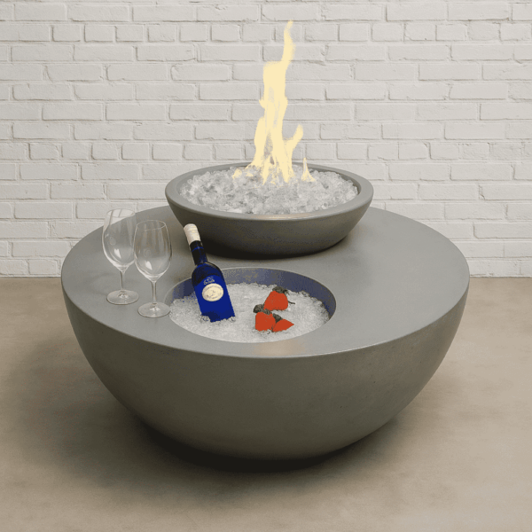 Fire and Ice durable round concrete fire table, propane and natural gas outdoor design.