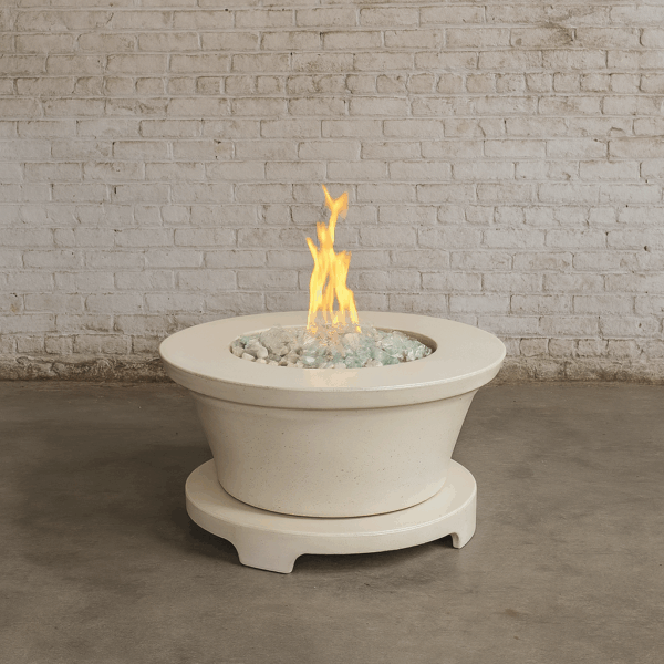 Outdoor Granada round gas fire pit table in handcrafted GFRC concrete