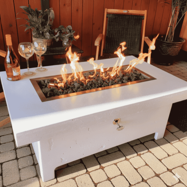 Harmony rectangular fire table handcrafted in GFRC concrete by Castin Crete Designs
