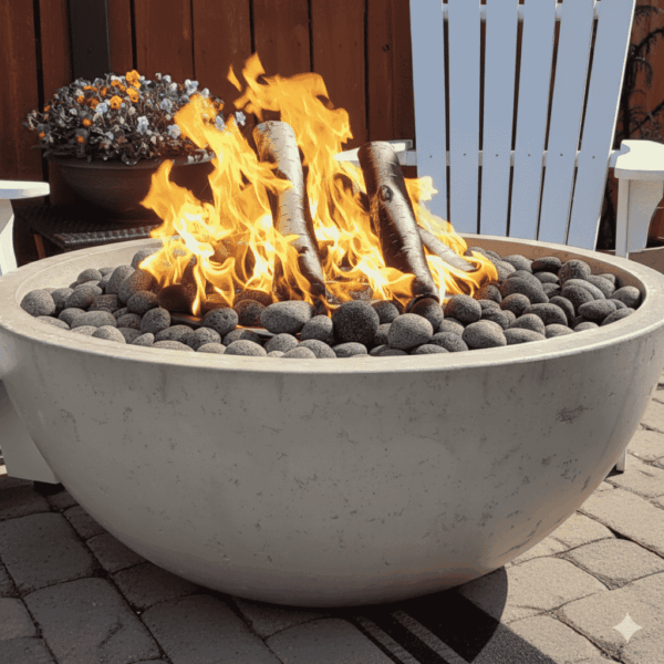 Zen Bowl individually built round concrete fire bowl, propane and natural gas centerpiece.
