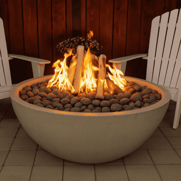Zen Bowl modern round concrete fire bowl, propane and natural gas outdoor design.