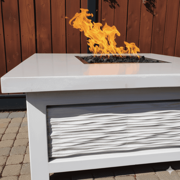 Coastal Flow square natural gas fire pit table with modern finish