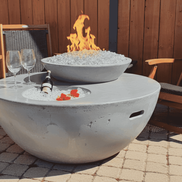 Fire and Ice round concrete gas fire table, propane and natural gas centerpiece.