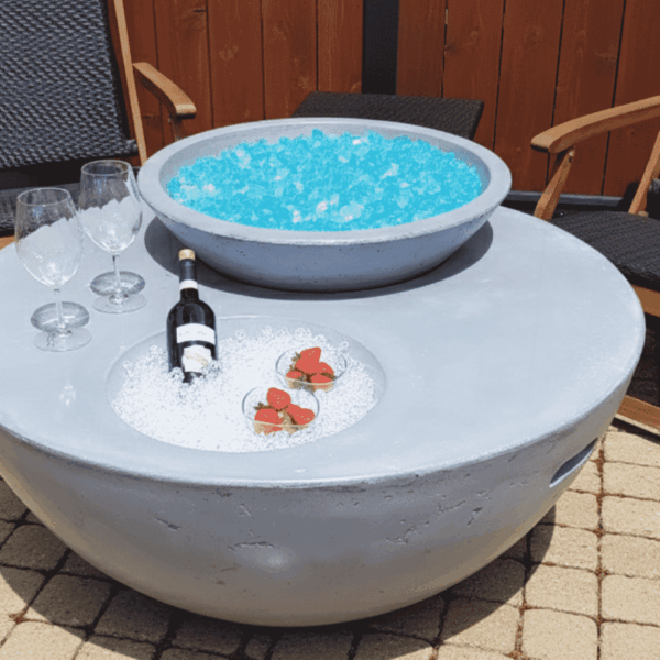 Fire and Ice round professionally cast concrete fire table, propane and natural gas.