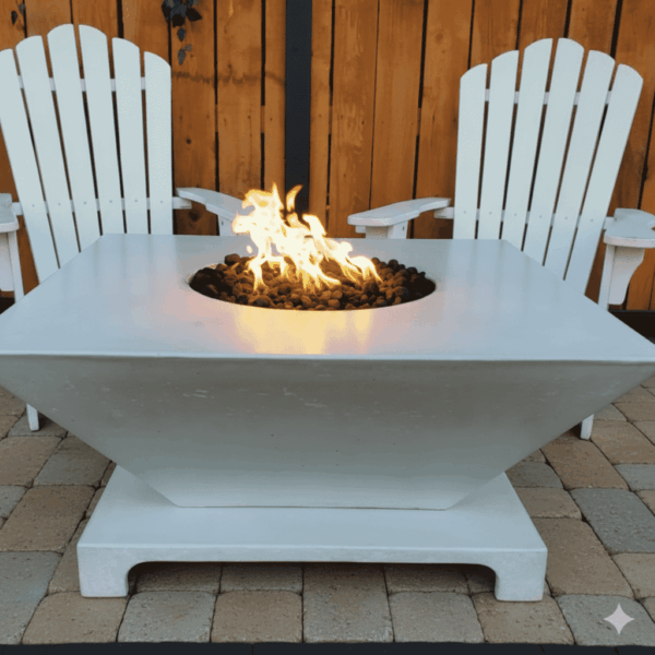 Square Wok concrete fire pit table, custom-finished propane and natural gas outdoor design.