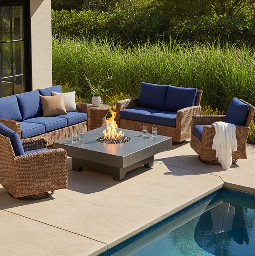Quadra concrete fire table by Castin Crete Designs, crafted for patios and gathering areas across Hartland, Delafield, Pewaukee, Oconomowoc, and Okauchee Lake.