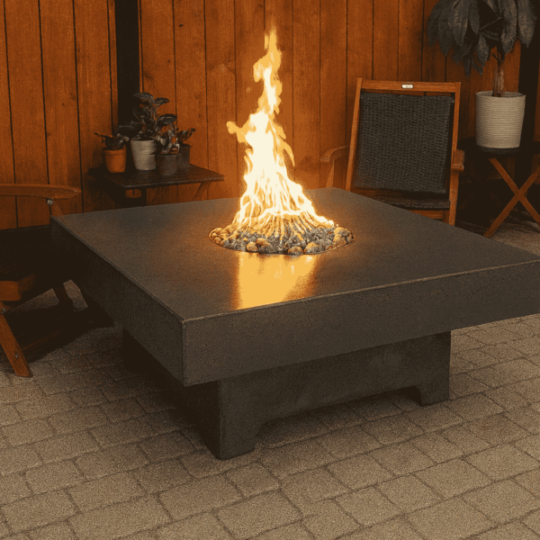 Rectangular Quadra natural gas fire pit table with custom concrete finish