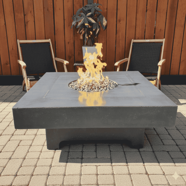 Quadra rectangular propane fire table in handcrafted GFRC finish