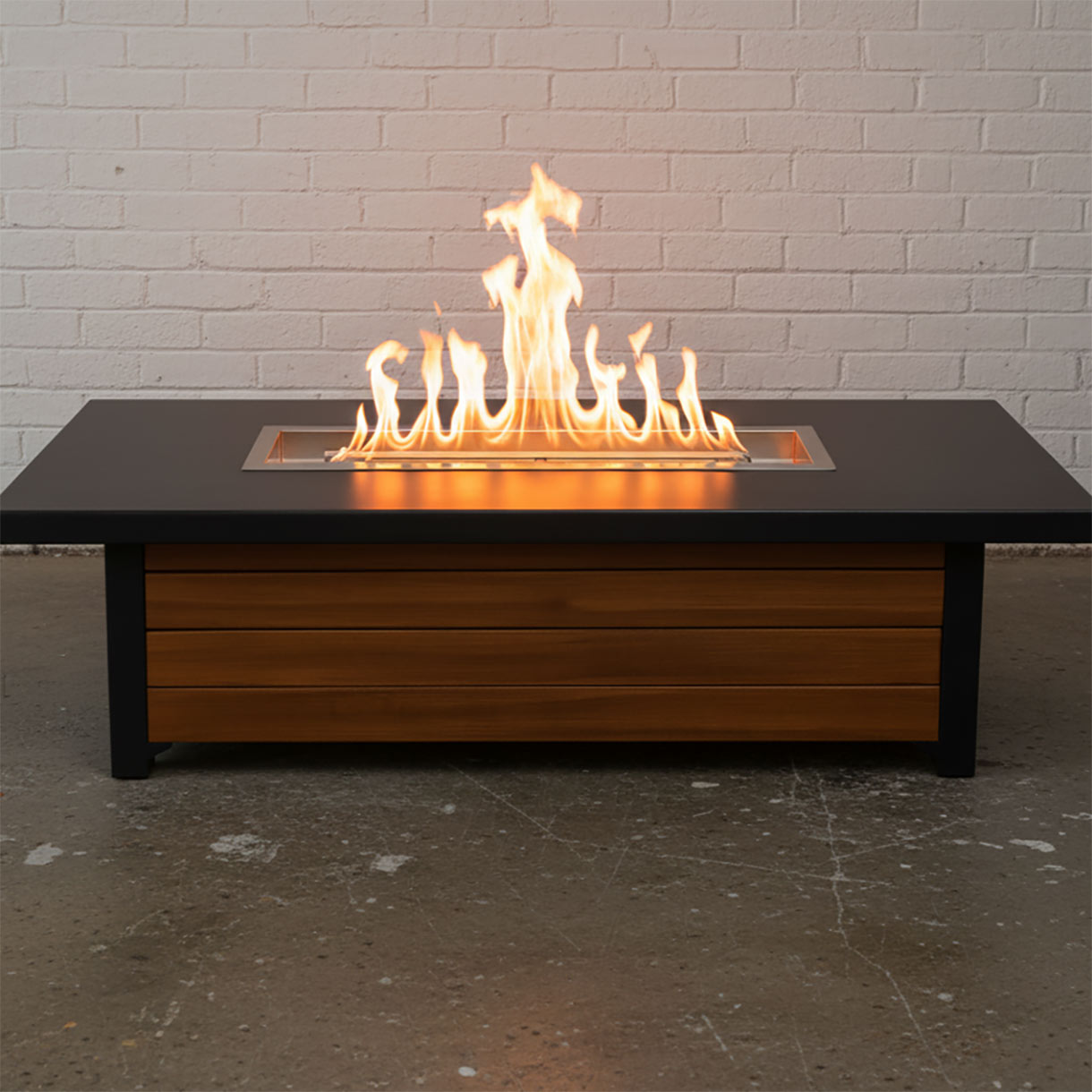 propane outdoor fire table with flame and seating area
