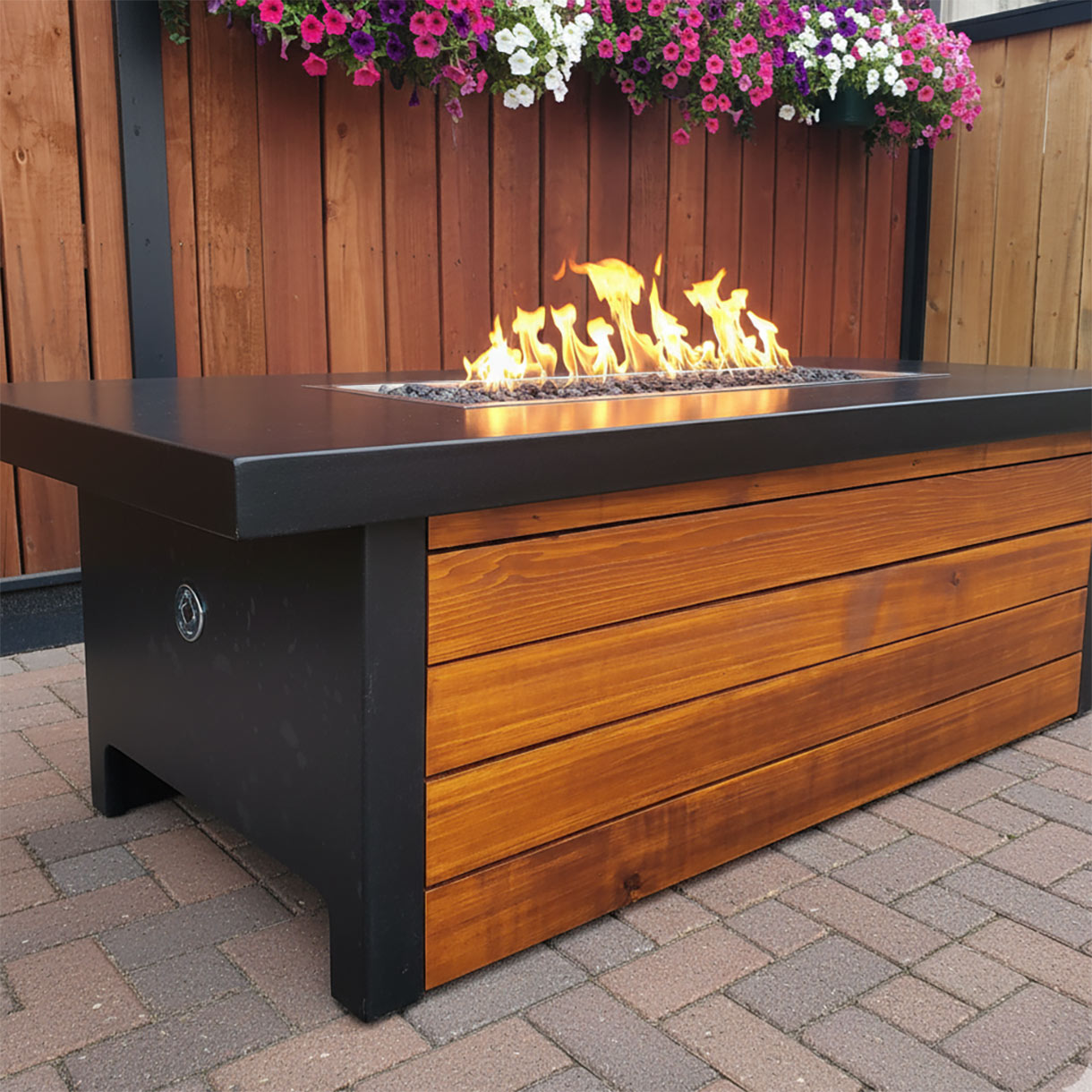 modern outdoor concrete fire feature with flame