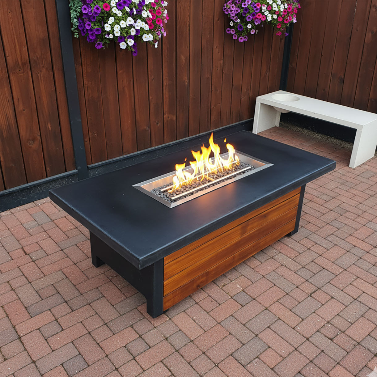 rectangular modern fire pit table with wood detail