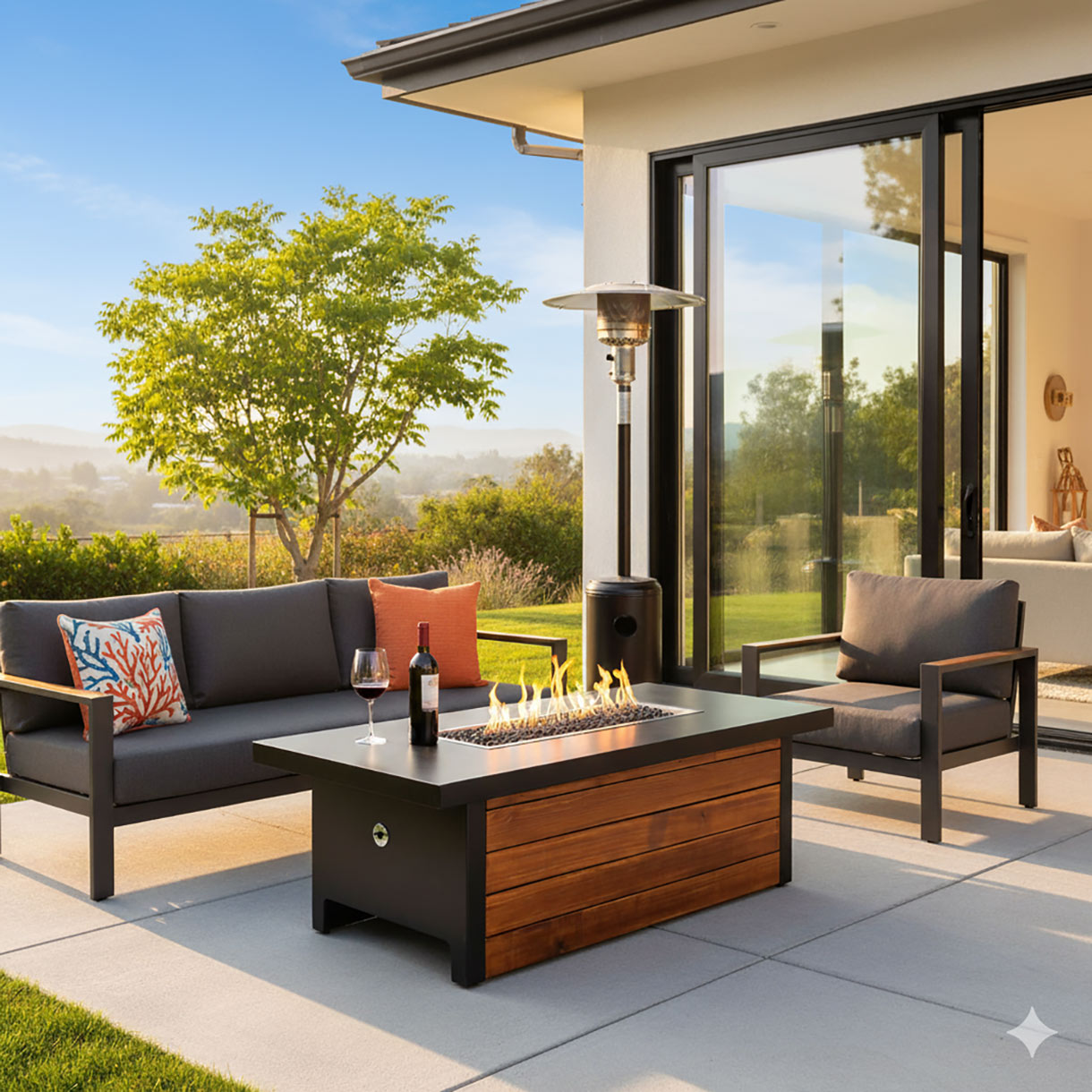 modern concrete fire table with wood base and clean lines