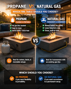 Propane vs natural gas fire table fuel comparison for outdoor patio fire features