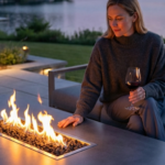 rectangular concrete fire table with linear burner flame on outdoor patio near lake seating area