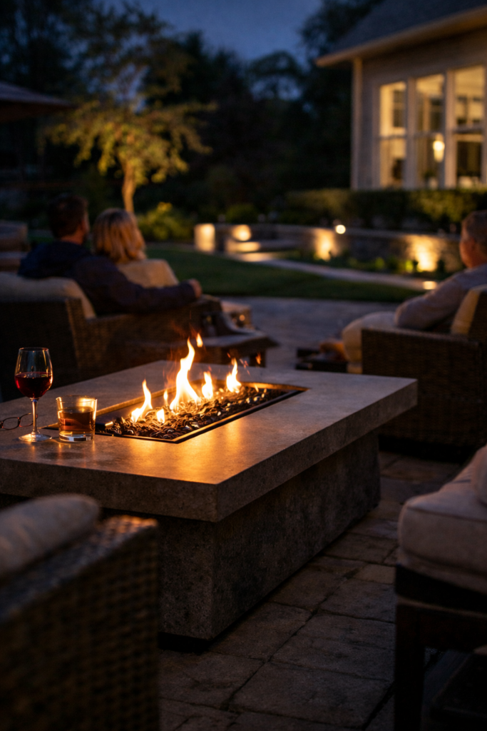 Outdoor fire table on a Lake Country Wisconsin patio at night