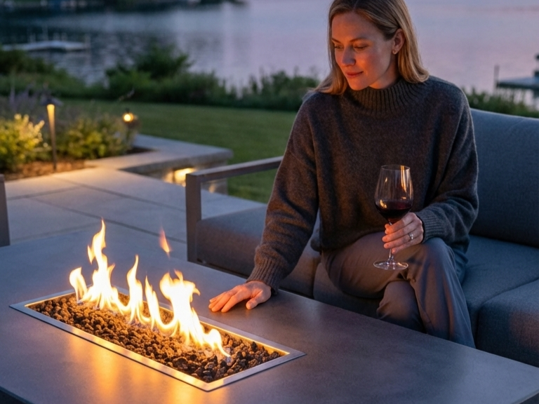 Woman in cozy sweater holding red wine glass beside a concrete fire table at lakeside property at dusk