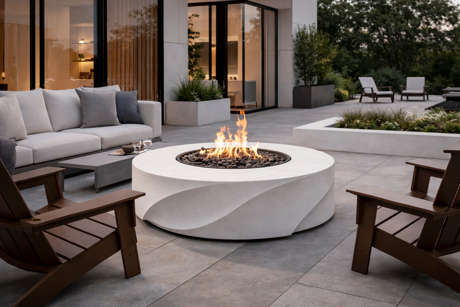 Round concrete fire table centered between two curved sofas — evening gathering space with landscape lighting