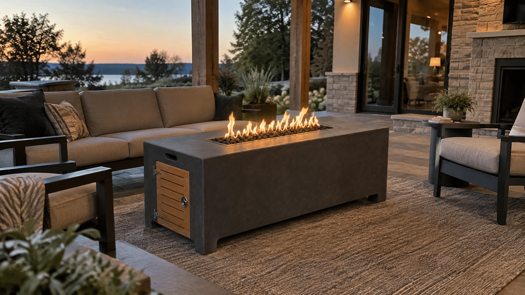 Castin Crete Designs Summit concrete fire table burning under a covered patio at sunset