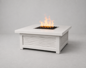 Coastal Flow GFRC concrete fire table by Castin Crete Designs — smooth contoured form for modern outdoor living