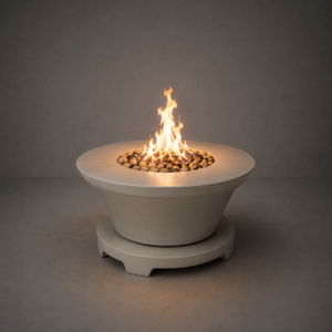 Granada GFRC concrete fire table by Castin Crete Designs — handcrafted round concrete fire feature for outdoor spaces