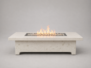 Harmony GFRC concrete fire table by Castin Crete Designs — clean modern silhouette handcrafted for outdoor patios