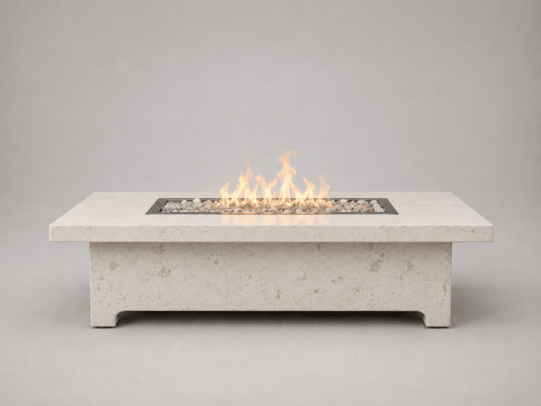 Harmony GFRC concrete fire table by Castin Crete Designs — clean modern silhouette handcrafted for outdoor patios