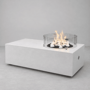 The Monolith GFRC concrete fire table by Castin Crete Designs — architectural rectangular form with offset circular burner