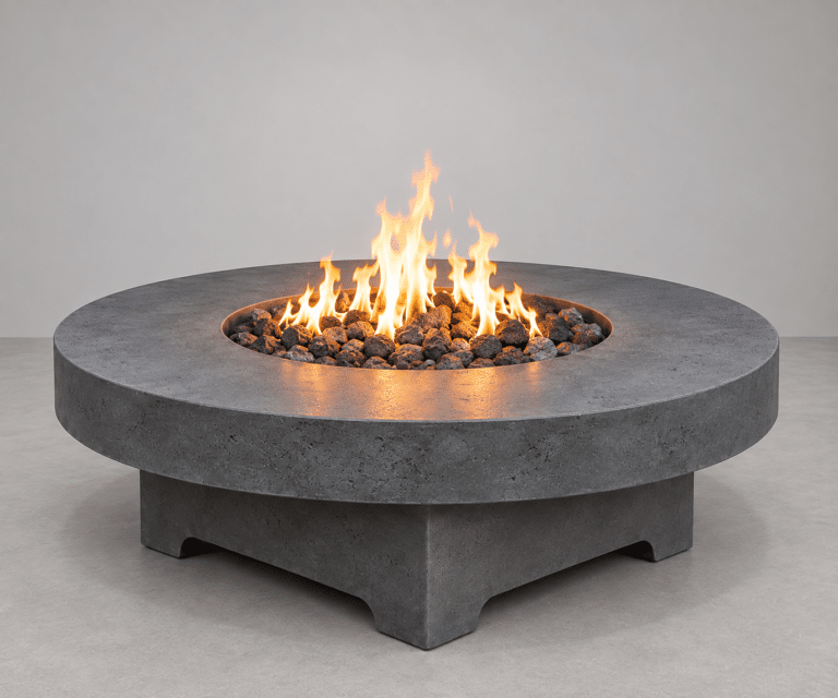 Solara round GFRC concrete fire table by Castin Crete Designs — circular pedestal base with lava rock media, handcrafted in Hartland, Wisconsin