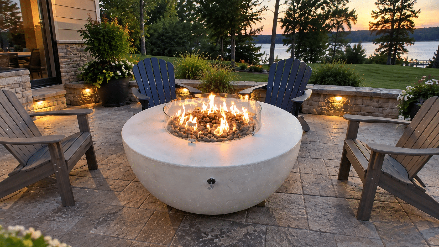 Castin Crete Designs fire table with chairs arranged around it on a patio, illustrating sizing and seating layout