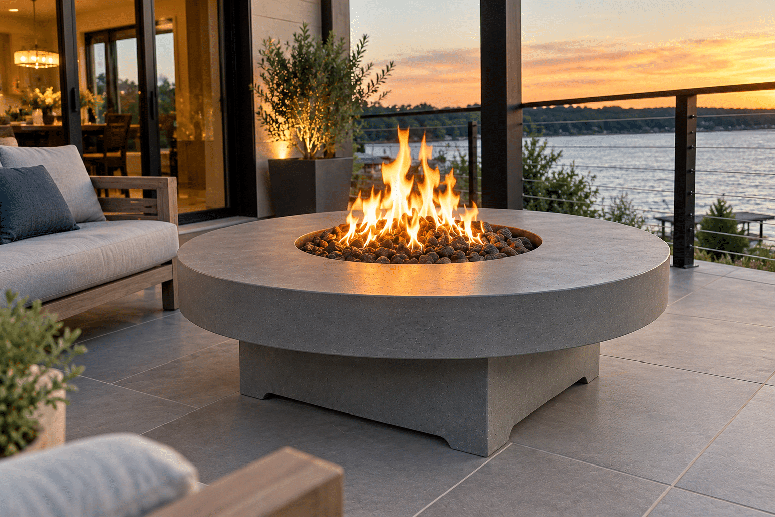 Round concrete fire table in a Lake Country Wisconsin outdoor living space