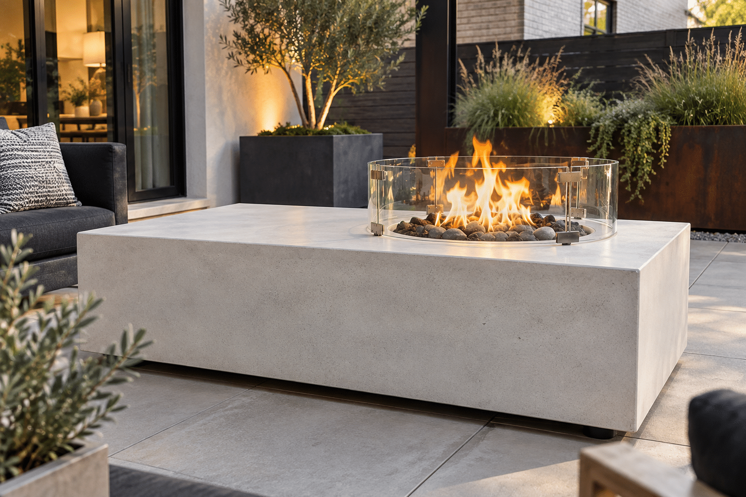 High-end concrete fire table in a modern outdoor living space